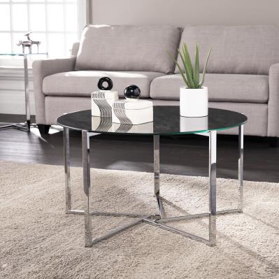 Dransill Round Cocktail Table w/ Faux Marble Glass Top